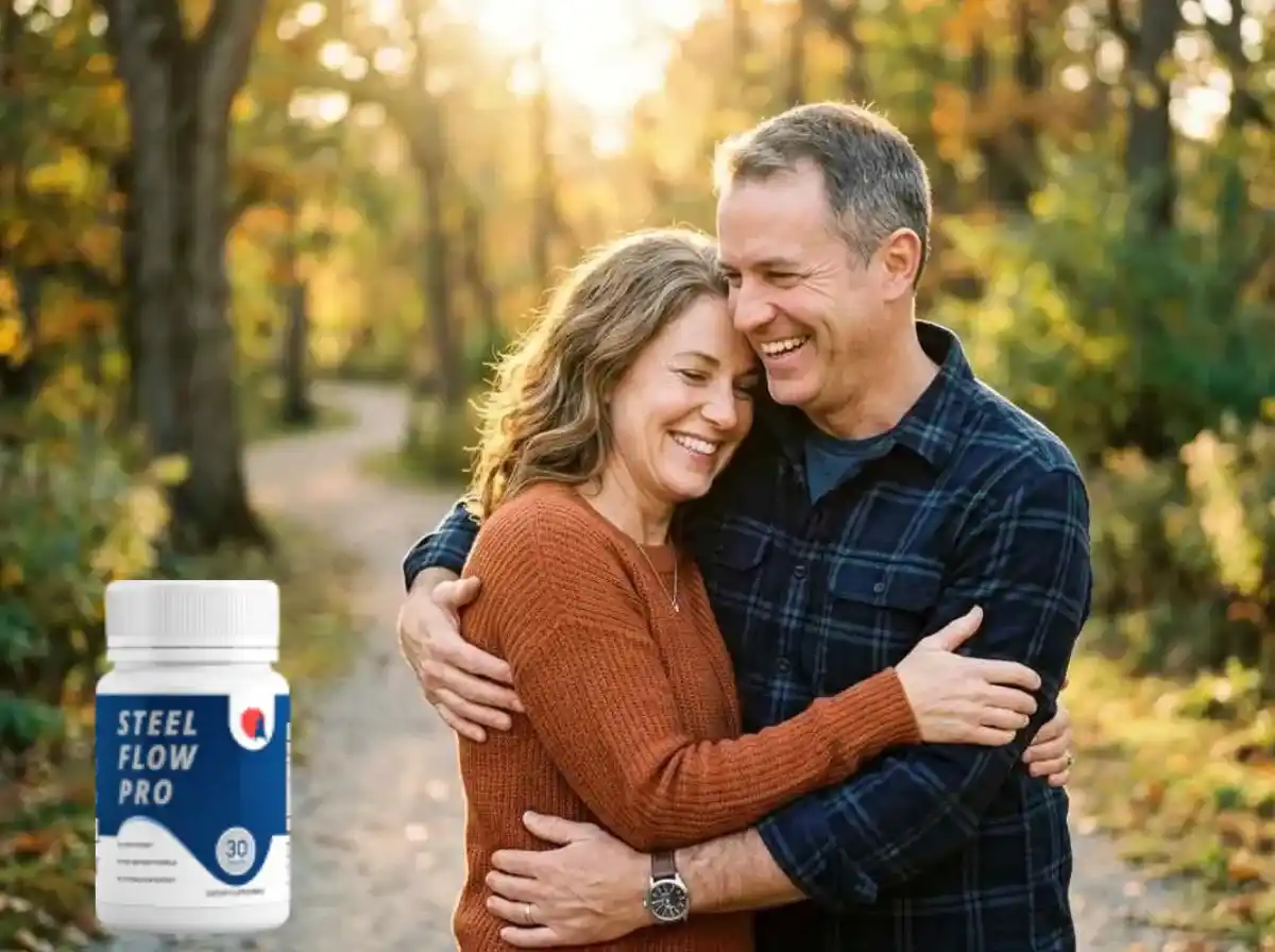 Happy couple walking outdoors with a bottle of Steel Flow Pro supplement