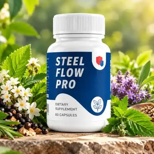 Steel Flow Pro prostate wellness supplement bottle surrounded by saw palmetto and botanical plants