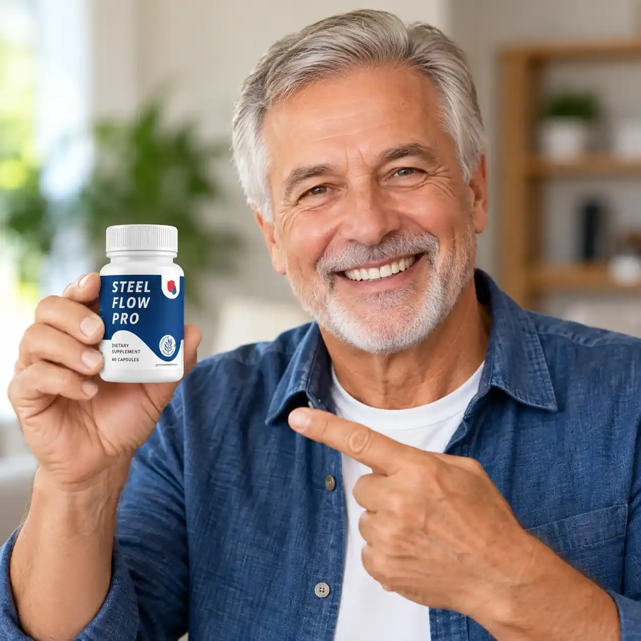 Smiling man holding a bottle of Steel Flow Pro prostate supplement